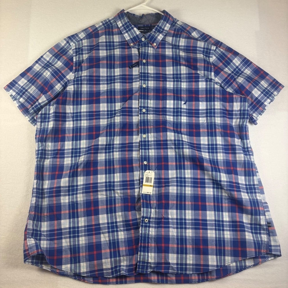 Nautica Mens 4XL Short Sleeve Stretch Plaid Button Down Shirt Blue MY0232 NWT